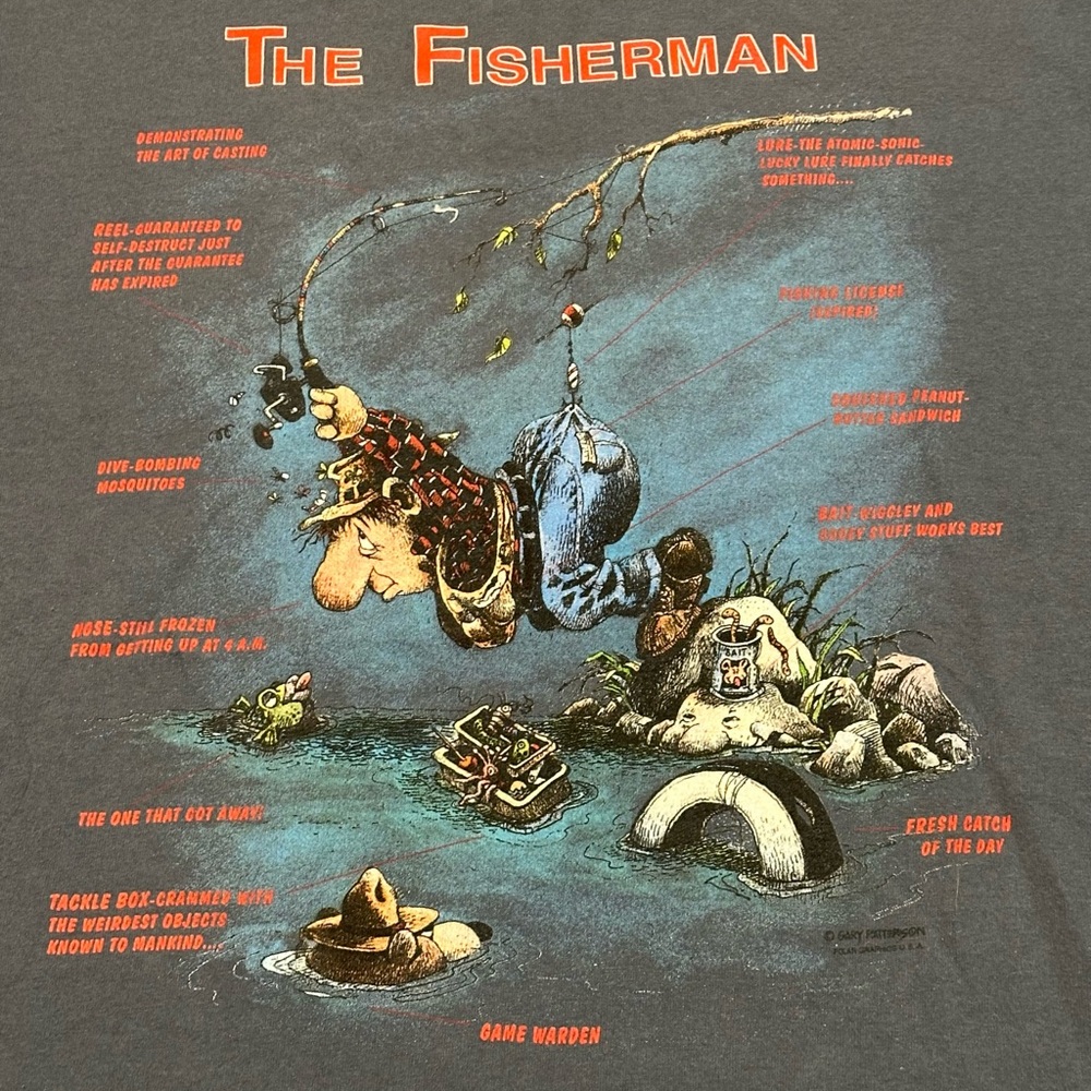 Vintage 90s Fisherman Tee shirt Size XL. Funny Graphic Very visually appealing
